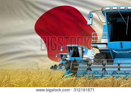 Industrial 3d Illustration Of 3 Blue Modern Combine Harvesters With Japan Flag On Rye Field - Close 