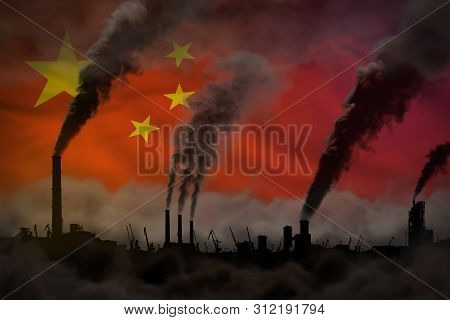 Dark Pollution, Fight Against Climate Change Concept - Factory Chimneys Heavy Smoke On China Flag Ba