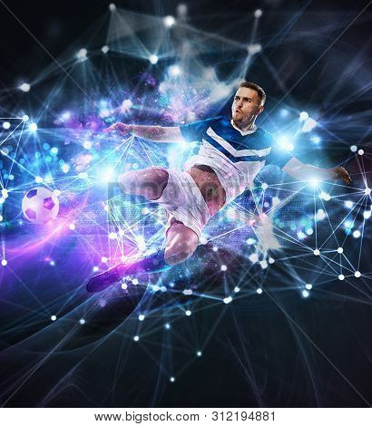 Football Scene With Soccer Player In Front Of A Futuristic Digital Background