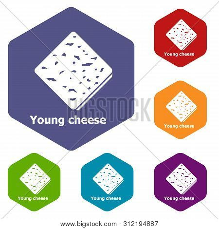 Young Cheese Icons Colorful Hexahedron Set Collection Isolated On White