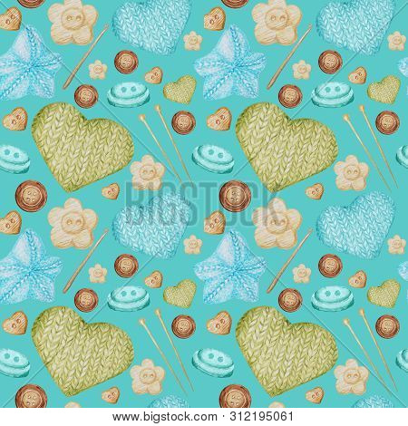 Watercolor Seamless Pattern Hobby Knitting And Crocheting. Collection Of Hand Drawn Light Blue, Gree