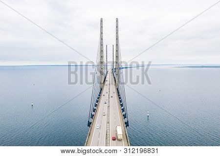 Aerial View Of The Bridge Between Denmark And Sweden, Oresundsbron. Oresund Bridge Close Up View.