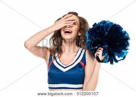 Happy Cheerleader Girl In Blue Uniform Holding Pompom And Laughing With Facepalm Isolated On White