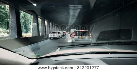 Paris, France - Jul 15, 2018: Wide Image Pov Personal Perspective And The Front Driving Volvo V70 Ca