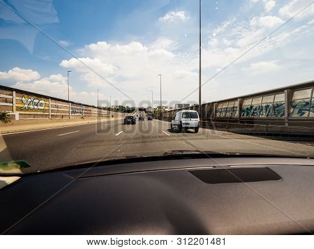 Paris, France - Jul 15, 2018: Driver Pov Personal Perspective And The Front Driving Renault And Peug