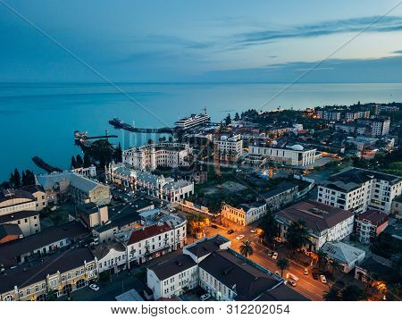 Evening Resort Town Sukhum, Abkhazia Aerial View From Drone.