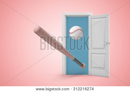 3d Rendering Of Baseball Bat And Ball In White Open Doorway On Light Pink Background