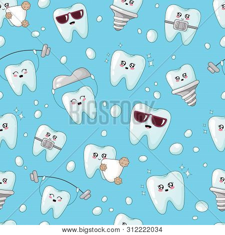 Seamless Pattern - Kawaii Tooth, Implant, Crown With Different Emodji, Cartoon Characters - Treatmen