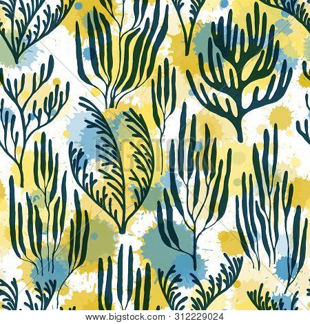Coral Polyps Seamless Pattern. Paint Splashes Drops Watercolor Background. Marine Water Plants Wallp