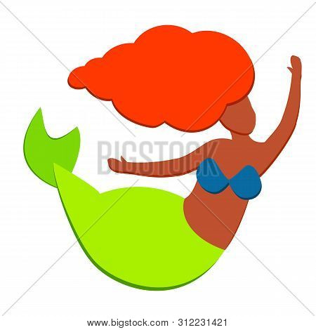 Cute Little Afro American Black Mermaid With Brown Skin Redhead Ariel Isolated In White Background. 