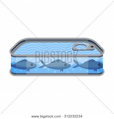Low Rectangular Tin Can With Fish. Vector Illustration On White Background.