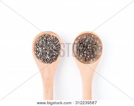 Dry Chia Seeds And Wet Chia Seeds Or Chia-egg In Wooden Spoons, Isolated On White With Clipping Path
