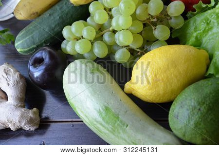 Healthy Food Clean Eating Selection: Fruit, Vegetable, Seeds, Superfood, Cereal, Leaf Vegetable On G