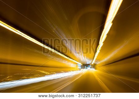 A View Through The Windshield While Driving At Night. Long Exposure. Artistic, Abstract.