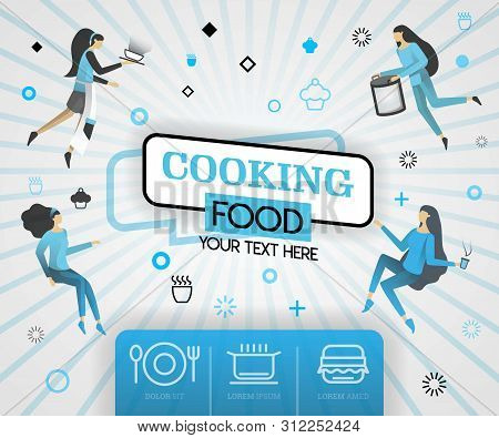 Blue Vector Illustration Concept. Cooking Food Recipes Cover Book.  Healthy Cooking Recipes And Deli