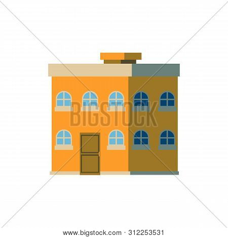 Yellow Double Decker, Two-storied House With Flat Roof In Cartoon Style.