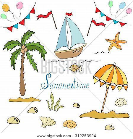 Set Of Ships For Marine Design. Cartoon Lines Art. Vector Hand Draw Illustration.
