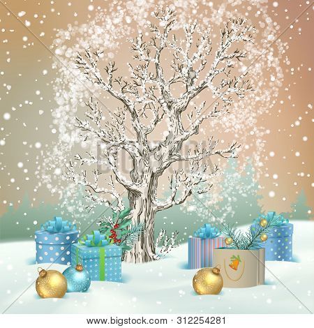 Christmas Winter Scene. Vector Snowy Landscape. Frosty Tree, Snow-covered Hills, Gifts Ahd Christmas
