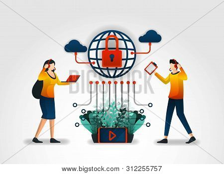 Flat Character. Internet Service Providers Provide Users With Customer Service And Security Systems.