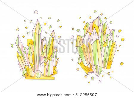 Green, Pink And Orange Crystal, Cartoon Cute Vector Quartz Illustration. Quartz Crystal Druse, Pink 