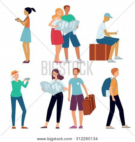 Vector Tourists Making Selfie, Holding Camera Set