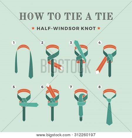 Instructions On How To Tie A Tie On The Turquoise Background Of The Eight Steps. Half-windsor Knot .