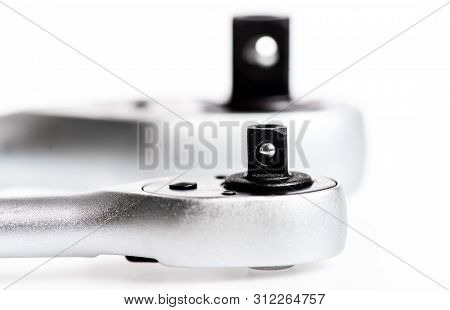 Knob For Socket Wrench Nut Ratchet Close Up White Background. Auto Repair Shops. Ratchet Wrench. Rat