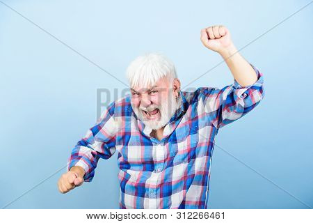 Grandfather On Retirement. Mature Bearded Man In White Wig. Hairloss Concept. Senior Man With Gray B