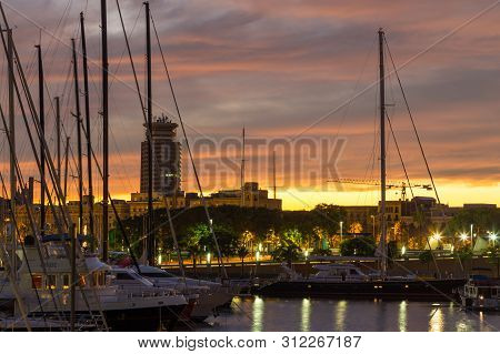 Barcelona, Spain- 09 November 2014: View Of The Barcelona Yacht Port. Exclusive Yachts Moored In The