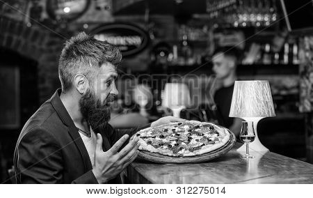 Cheat Meal Concept. Hipster Hungry Eat Italian Pizza. Pizza Favorite Restaurant Food. Fresh Hot Pizz
