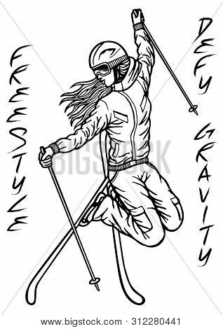 The Cool Girl Makes An Extreme Jump On Skis.