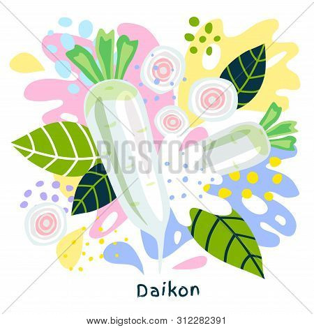 Fresh Daikon Radish Vegetable Juice Splash Organic Food Vegetables Condiment Spice Splatter On Abstr