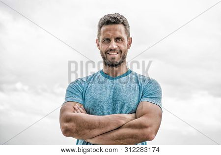 Muscular Male With Beard. Happy Man Isolated On White. Sportsman With Athletic Body. Coach In Fitnes