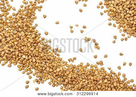 Lot Of Whole Hulled Raw Brown Buckwheat Grain Flatlay Isolated On White Background