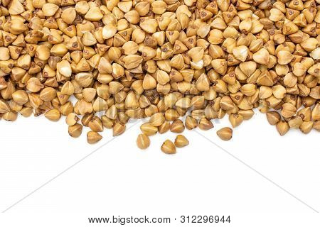 Lot Of Whole Raw Brown Buckwheat Grain With Copyspace Below Flatlay Isolated On White Background