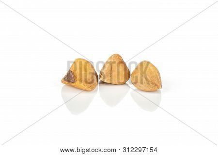 Group Of Three Whole Raw Brown Buckwheat Grain Isolated On White Background