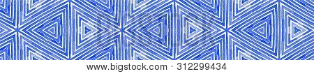 Blue Seamless Border Scroll. Geometric Watercolor Frame. Adorable Seamless Pattern. Medallion Repeat
