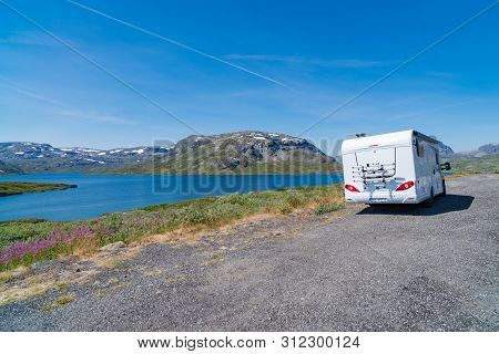 Rogaland, Norway - July 27, 2018: Camper Parked In Front Of The Rough Southern Norway Landscape Of R