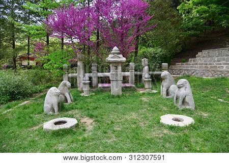 Ancient Stone Lion Sculpture Near Tomb Of King Wanggon The Founder Of The Koryo Dynasty. Constructio