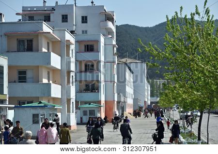 Wonsan, North Korea - May 3, 2019:  Street Scene   In Wonsan, One Of The North Korean Port On The Ea