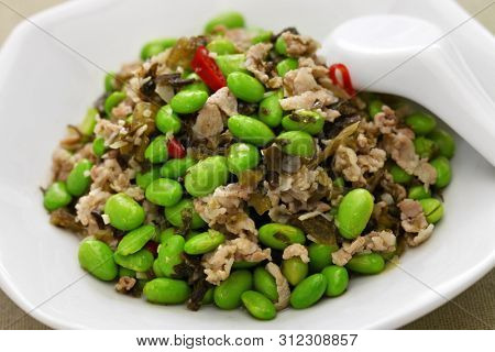 xue cai mao dou, stir fried edamame and snow vegetables, chinese cuisine