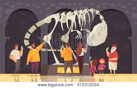 Guide Excursion Dinosaur Skeleton Composition With Panopticon Exhibition Room Indoor Scenery And Hum