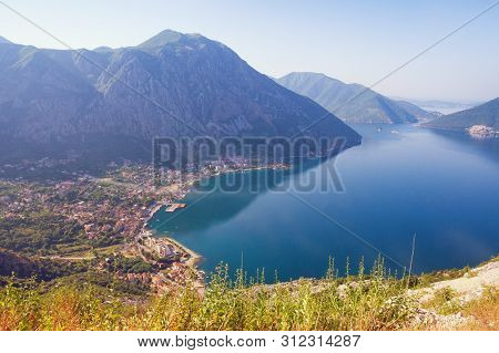 Sunny Mediterranean Landscape.  Montenegro, Adriatic Sea. View Of  Bay Of Kotor  And Risan Town From
