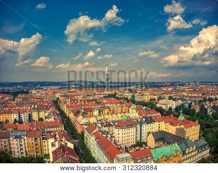 Aerial View Of Tv Tower In Prague Zizkov Under Hot Summer And Clouds