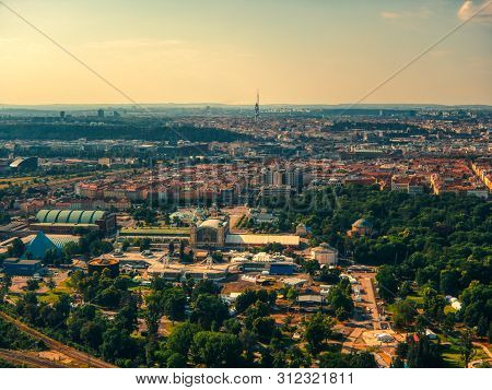 Aerial View Of Vystaviste From Vltava River With The Tv Tower In The Back In Prague