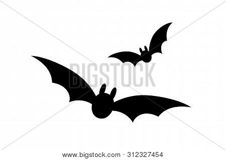 Bats Icon Set. Bat Black Silhouette With Wings Isolated White Background. Symbol Halloween Holiday, 