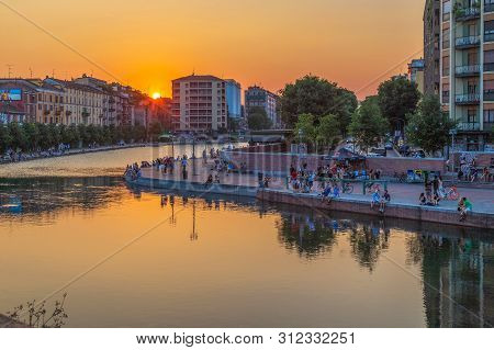Milan, Italy - June 29, 2019: Naviglio Grande, Canal Waterway Which Is The Main Nightlife Place In M