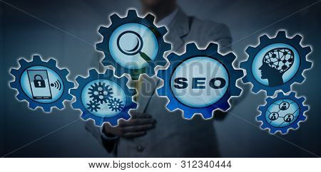 Unrecognizable It Manager Presenting Ai Aided Seo Solution. Technology And Business Concept For Sear