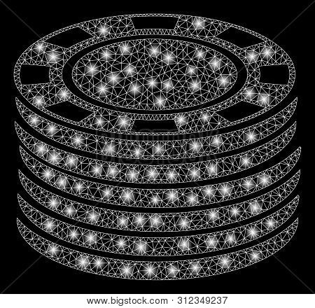 Flare Mesh Casino Chip Stack With Glare Effect. Abstract Illuminated Model Of Casino Chip Stack Icon