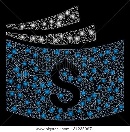 Bright Mesh Checkbook With Lightspot Effect. Abstract Illuminated Model Of Checkbook Icon. Shiny Wir